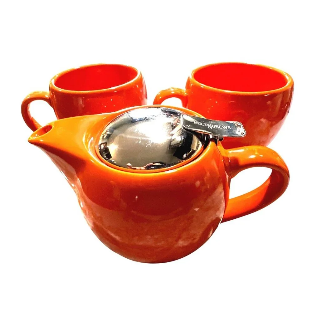 Hues N Brews Glazed Orange Ceramic Teapot Set Steel Lid 2 Matching Cups Service - Picture 1 of 7